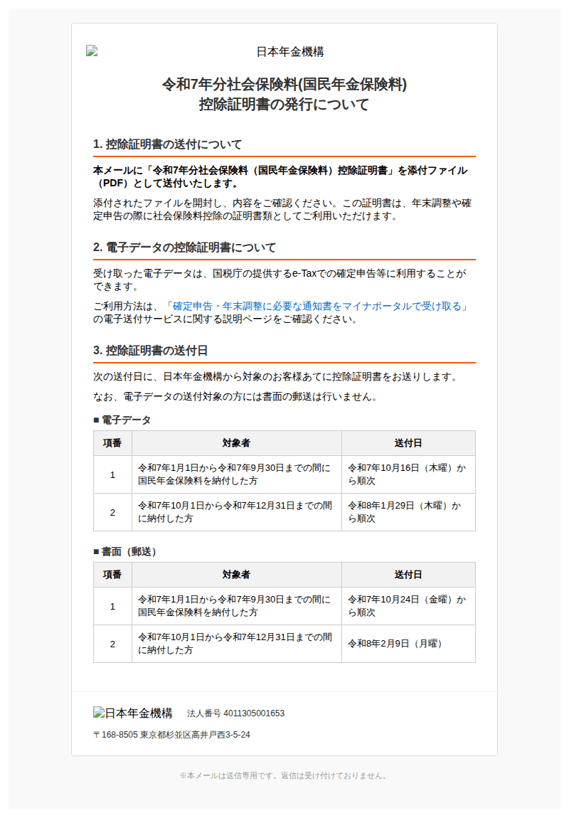年金機構を装ったフィッシングメールのスクリーンショット（件名：至急ご確認ください 確定申告に必要な 社会保険料控除証明書 を添付いたしました）