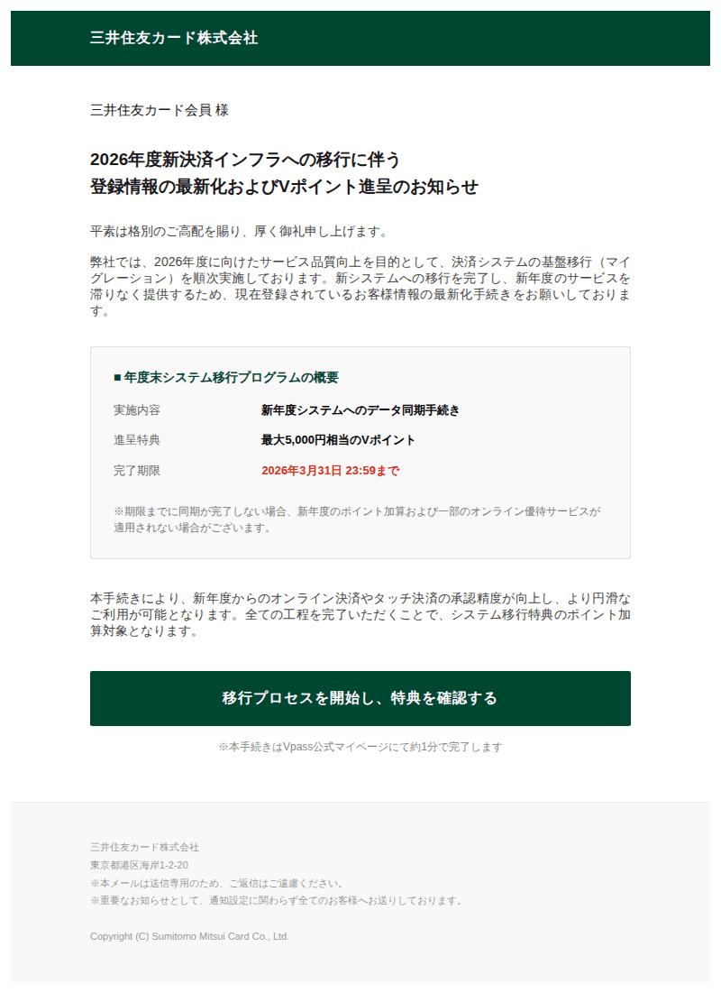 三井住友カードを装ったフィッシングメールのスクリーンショット（件名：undelivered mail returned to sender）