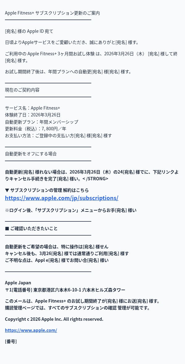 Appleを装ったフィッシングメールのスクリーンショット（件名：○○+ サブスクリプション更新のご案内）