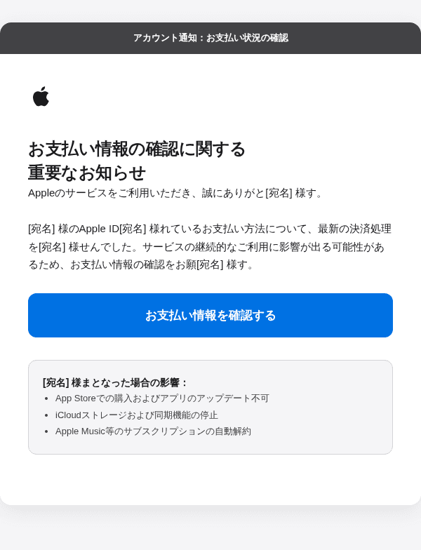 Appleを装ったフィッシングメールのスクリーンショット（件名：AppleID：お支払い方法に関するお知らせ）