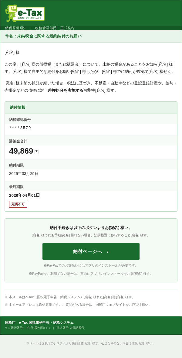 etaxを装ったフィッシングメールのスクリーンショット（件名：【重要】未納税金に関するお知らせ）
