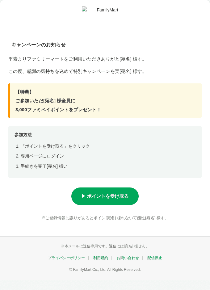 ファミリーマートを装ったフィッシングメールのスクリーンショット（件名：【緊急】ポイント進呈 期限内にお手続きください）