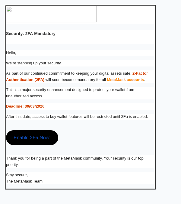 MetaMaskを装ったフィッシングメールのスクリーンショット（件名：○○ at ○○ – ○○ 2FA）
